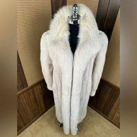 STUNNING VINTAGE FULL LENGTH IVORY CREAM MINK & FOX COLLAR FUR COAT JACKET XL - Picture 2 of 10